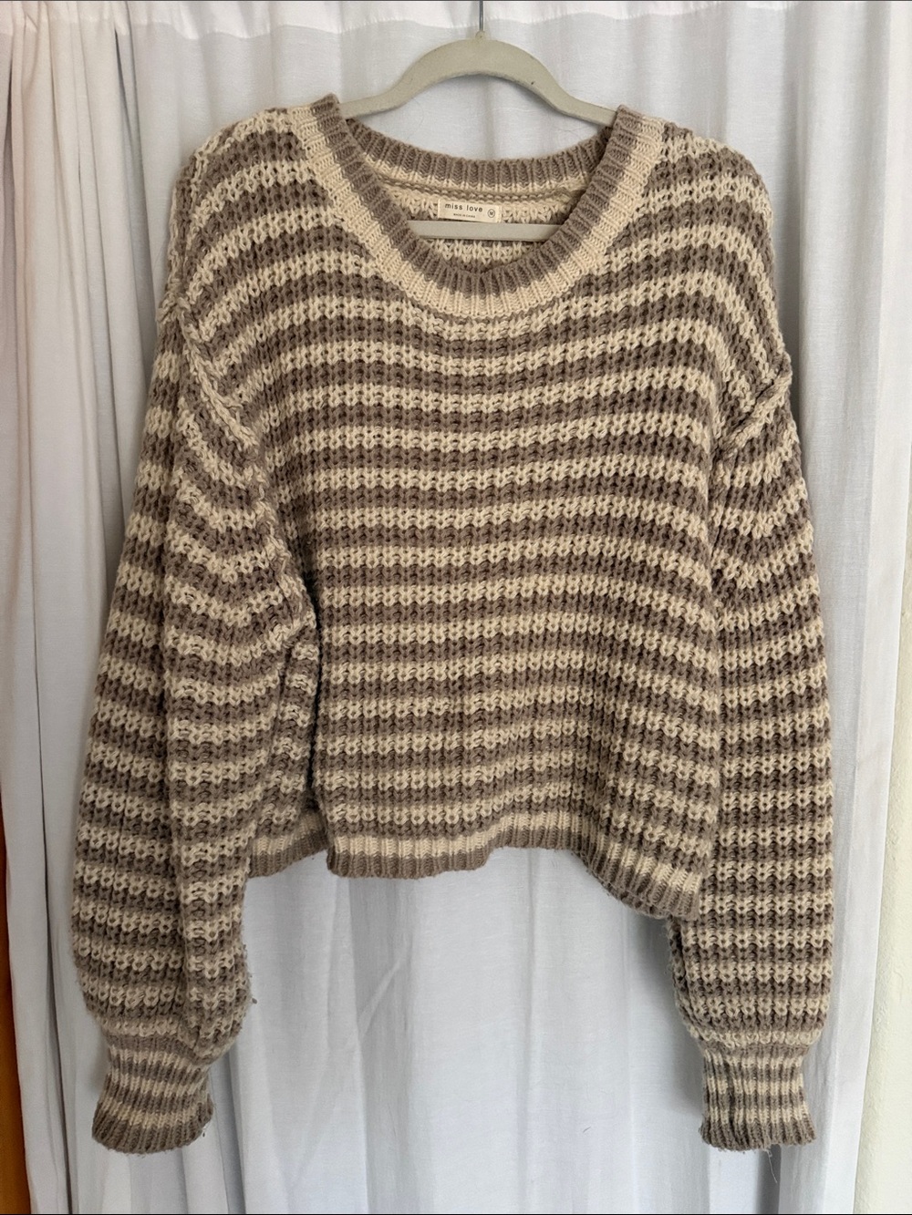 Striped Crewneck Knit Sweater in Cream and Grayish Purple